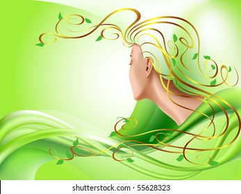 Abstract illustration of woman with gold hair and leaves