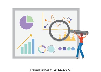 Abstract illustration with a woman looking at finance charts and statistics through a magnifying glass. Vector illustration
