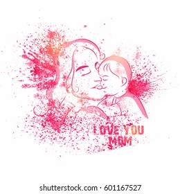 Abstract illustration of a woman loving her cute son for Happy Mother's Day celebration.