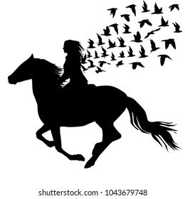 Abstract illustration of woman riding a horse and birds silhouettes flying