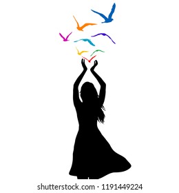 Abstract illustration of a woman silhouette with colored birds flying from her hands
