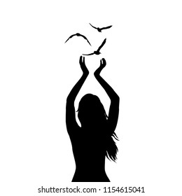 Abstract illustration of a woman silhouette with three birds flying from her hands