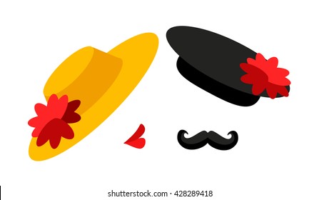 Abstract illustration of a woman, who is about to kiss in the cheek a handsome man with mustache.