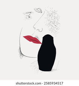 Abstract illustration with a woman's face, red lips, and a black silhouette. Minimalist art featuring a woman's profile and red lips, emphasizing abstract design. Vintage art illustration, vector.