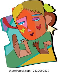 abstract illustration of a woman's face, seemingly in a cubist or pop art style. The face is depicted with geometric shapes and contrasting colors.