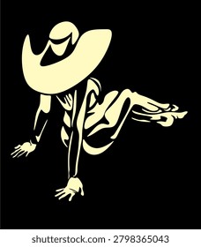 Abstract illustration of a woman's figure in a hat on the beach. Minimalistic high contrast silhouette of a character on a dark background. Hand-drawn without artificial intelligence.