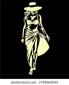 Abstract illustration of a woman's figure in a hat on the beach. Minimalistic high contrast silhouette of a character on a dark background. Hand-drawn without artificial intelligence.