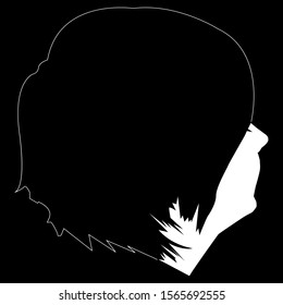 Abstract illustration of a woman's head from behind. black hair, white face.