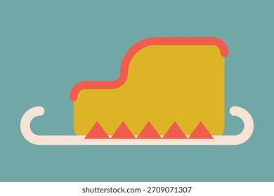 Abstract illustration of a yellow sled with red accents on a teal background. The sled design features geometric shapes, emphasizing a modern and playful style. Winter illustration vector.