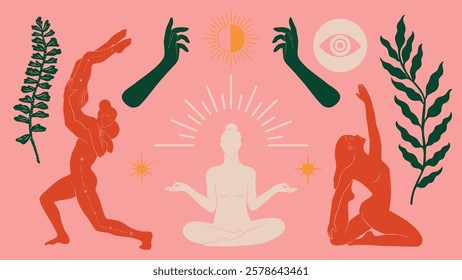 Abstract illustration of yoga poses with diverse figures. Yoga, meditation, and wellness are depicted with vibrant colors and symbolic elements like sun and leaves. Spirituality vector set.