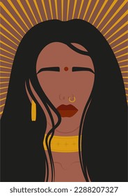 Abstract illustration of young Indian woman with sun. Contemporary art poster