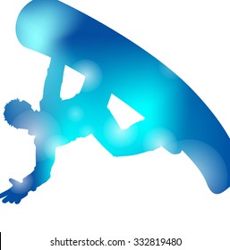 Abstract illustration of a Young Man Jumping and Freestyling on Snowboard through a haze of Cool Blue blurs.