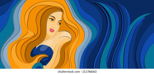 Abstract illustration of young woman with with open eyes and blond hair. Looks like paper cut. Vector background for your design. Mermaid, underwater background.