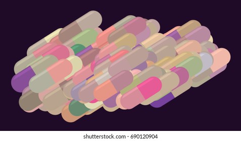 Abstract illustrations of capsules, medicine or pills, conceptual pattern. Good for design background. Pharmacy health conceptual. Vector graphic.