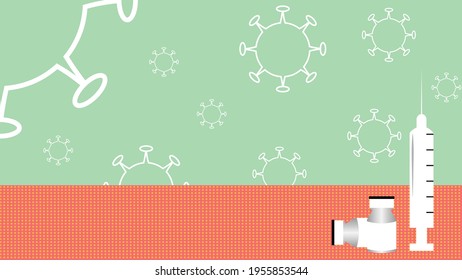 Abstract illustrations of corona virus and vacination,The white outline of coronavirus on light green bacckdrop, the white medical syling and two vaccine containers vials infront of background.