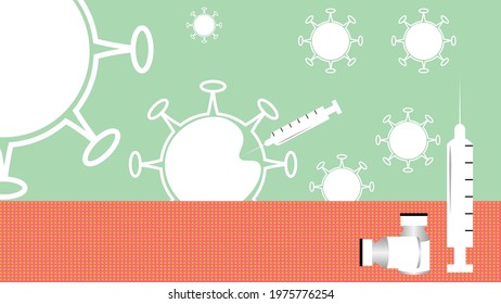 Abstract illustrations of corona virus and vacination,The white outline of coronavirus on light green bacckdrop, the white medical syling and two vaccine containers vials infront of background.