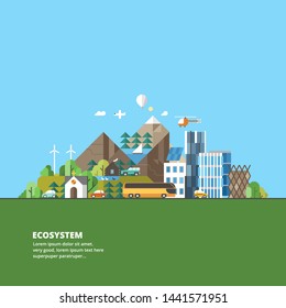 Abstract illustrations - Ecologically clean nature and modern city. Transport. Renewable energy. Ecosystem infographics