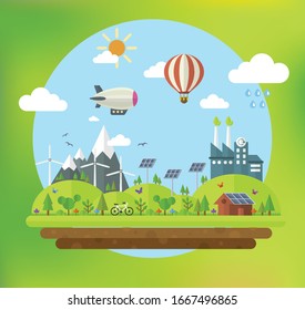 Ilustraciones abstractas - Naturaleza ecológicamente limpia, ciudad moderna y producción independiente. Transporte.