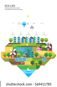 Abstract illustrations - Ecologically clean nature, the modern city and detached production. Transport. Renewable energy. Ecosystem infographics