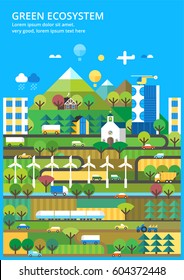 Abstract illustrations - Ecologically clean nature, the modern city and detached production. Transport. Renewable energy. Ecosystem info graphics