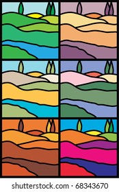 Abstract illustrations, Italian landscape ala- stained-glass window - six moods, six flavors, six collections of colors. Can be used as label line for collection wine or etc.