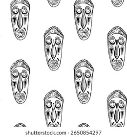 Abstract illustrations of traditional masks arranged in a repetitive pattern on a minimalistic background