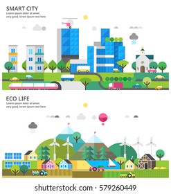 Abstract illustrations - Transport. Renewable energy. Ecosystem infographics