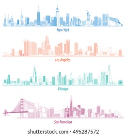 abstract illustrations of United States outlines city skylines