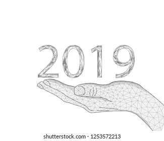 Abstract image 2019 in hand in the form of lines, consisting of triangles and geometric shapes. Low poly vector background.