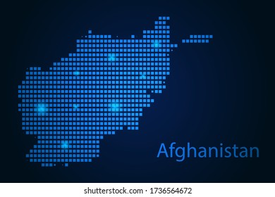 Abstract image Afghanistan map from pixels blue and glowing stars on a dark background. Vector illustration eps 10.