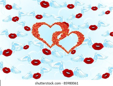 Abstract image of an air kiss with the white swan wings and two hearts on a background of blue hearts