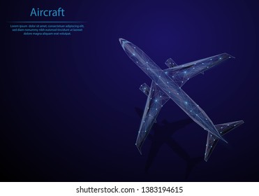 Abstract image aircraft in the form of a starry sky or space, consisting of points, lines, and shapes in the form of planets, stars and the universe. Low poly vector background.