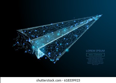 Abstract image of a aircraft origami in the form of a starry sky or space, consisting of points, lines, and shapes in the form of planets, stars and the universe. Vector wireframe concept.