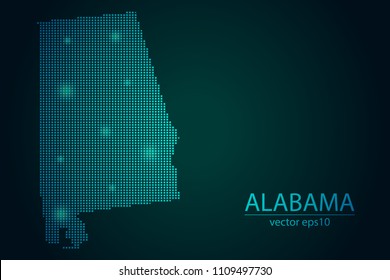 Abstract Image Alabama Map From Pixel Emerald Green and Glowing Stars on a Dark Background. Vector illustration Eps 10.