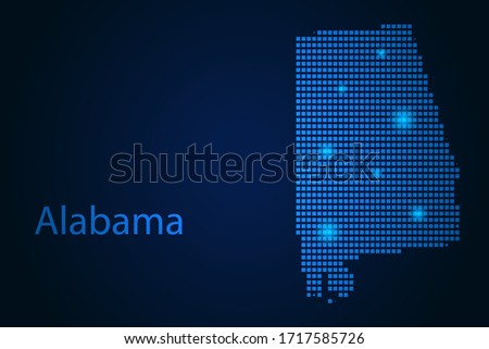 Abstract image Alabama map from pixels blue and glowing stars on a dark background. Vector illustration eps 10.