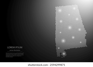 Abstract image Alabama map from point Gray and glowing stars on a dark background. Vector illustration eps 10.