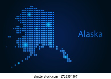 Abstract image Alaska map from pixels blue and glowing stars on a dark background. Vector illustration eps 10.