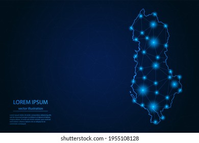 Imagen Resumen Mapa de Albania - Con Puntos Y Líneas De Brillo Azul En Fondo De Gradiente Oscuro, Conexión De Red De Polígono De Malla 3D, Ilustración De Vectores Eps 10.