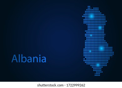 Abstract image Albania map from pixels blue and glowing stars on a dark background. Vector illustration eps 10.