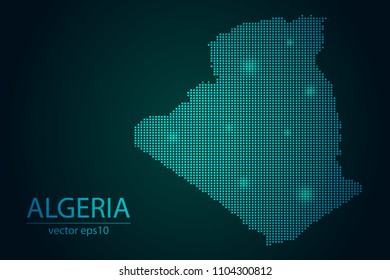 Abstract Image Algeria Map From Pixel Emerald Green and Glowing Stars on a Dark Background. Vector illustration Eps 10.