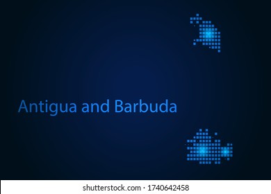 Abstract image Antigua and Barbuda map from pixels blue and glowing stars on a dark background. Vector illustration eps 10.