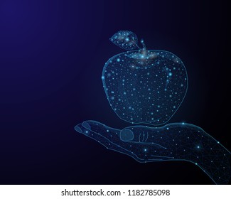 Abstract image of a apple in hand in the form of a starry sky or space, consisting of points, lines, and shapes in the form of planets, stars and the universe. Low poly vector background.