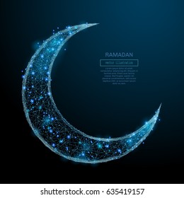 Abstract image of Arabic Moon in the form of a starry sky or space, consisting of points, lines, and shapes in the form of planets, stars and the universe. Vector Ramadan Kareem concept