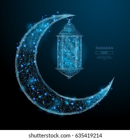 Abstract image of a Arabic Moon and lantern in the form of a starry sky or space, consisting of points, lines, and shapes in the form of planets, stars and the universe. Vector Ramadan Kareem concept