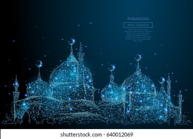 Abstract image of arabic mosque in the form of a starry sky or space, consisting of points, lines, and shapes in the form of planets, stars and the universe. Vector Ramadan Kareem concept