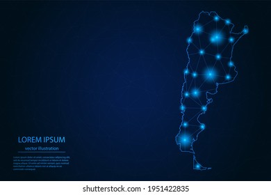 Imagen abstracta mapa de Argentina - Con puntos y líneas de resplandor azul en fondo de gradiente oscuro, conexión de red de polígono de malla 3D, Ilustración vectorial Eps 10.