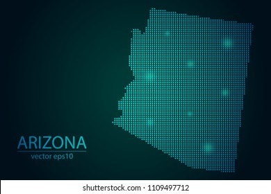 Abstract Image Arizona Map From Pixel Emerald Green and Glowing Stars on a Dark Background. Vector illustration Eps 10.