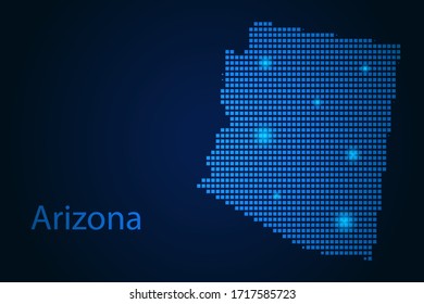 Abstract image Arizona map from pixels blue and glowing stars on a dark background. Vector illustration eps 10.