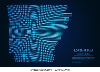 Abstract image Arkansas map from point blue and glowing stars on a dark background. vector illustration. 