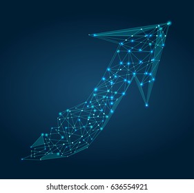 Abstract image of a arrow in the form of a starry sky or space, consisting of points, lines, and shapes in the form of planets, stars and the universe. Business arrow vector wireframe concept